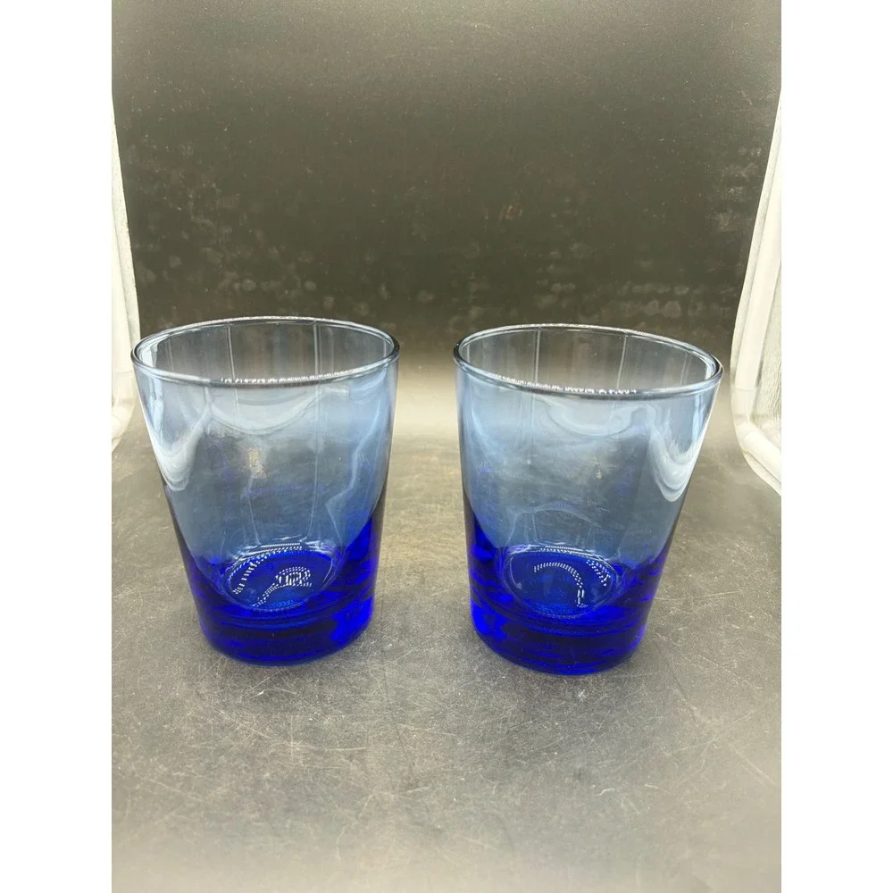 Blue Ombre Glass Tumblers Set of 2 Cobalt Gradient Drinking Glasses 4 inch